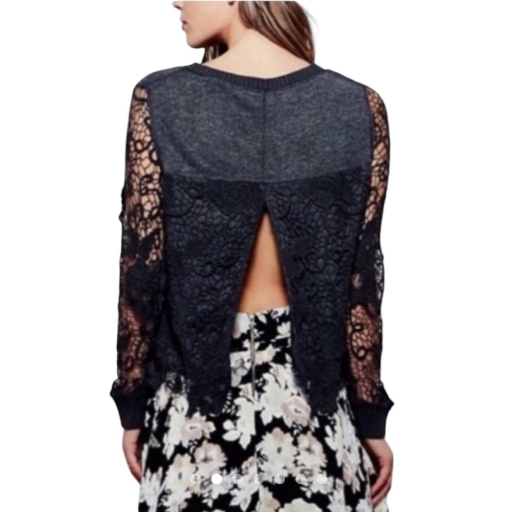 Free People Pretty Rad Sweater Graphite Black Round Neck Crochet Lace Goth Med - Picture 2 of 15